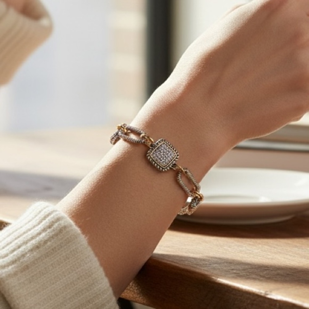 Two-Tone Chain Bracelet with Square CZ Accents